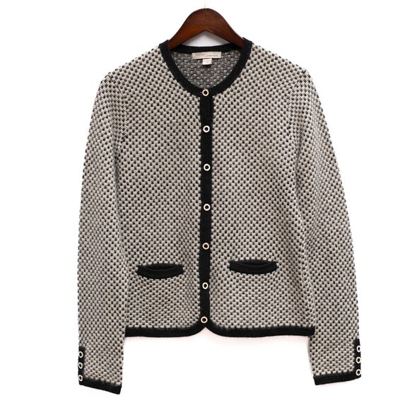Kinross Sweaters - Kinross Cashmere Cardigan Sweater M Black White Check Luxury Knit Classic